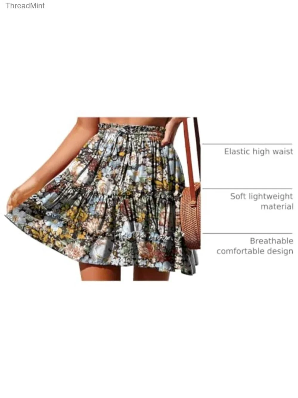 Women's Boho Floral Mini Skirt High Waist Drawstring A-Line
